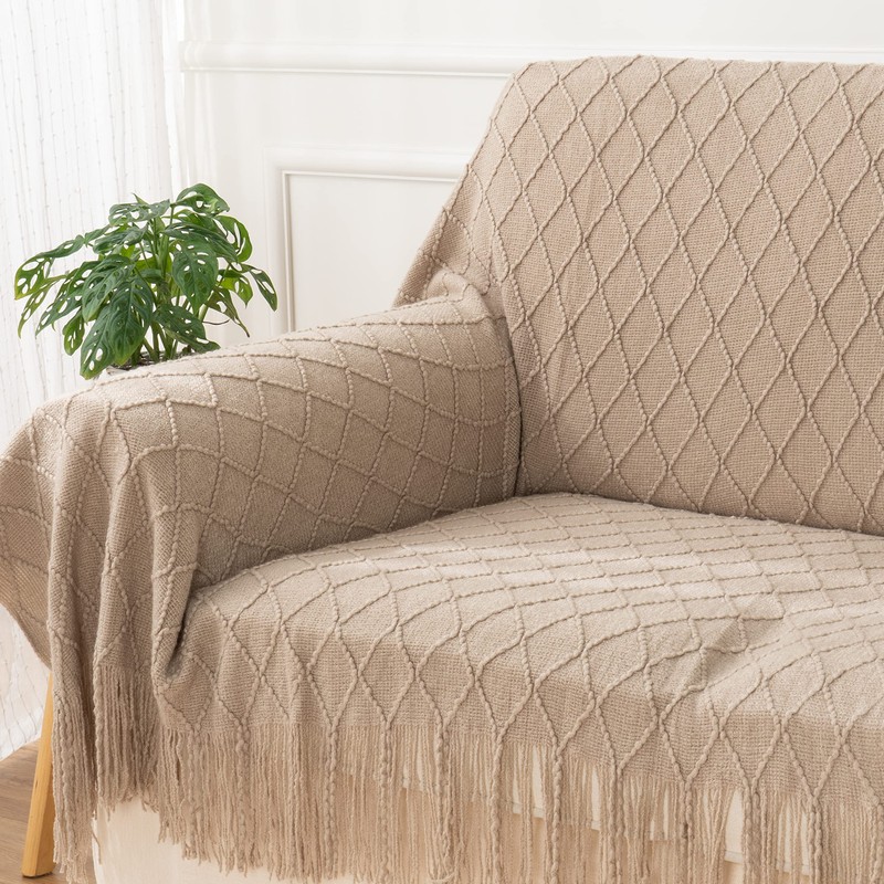 battilo Knit - Manta Decorativa con patrón de Diamante, Beige,
