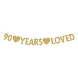 Gold 90 Year Loved Banner, Gold Glitter Happy 90th Birthday Party Decorations, Supplies