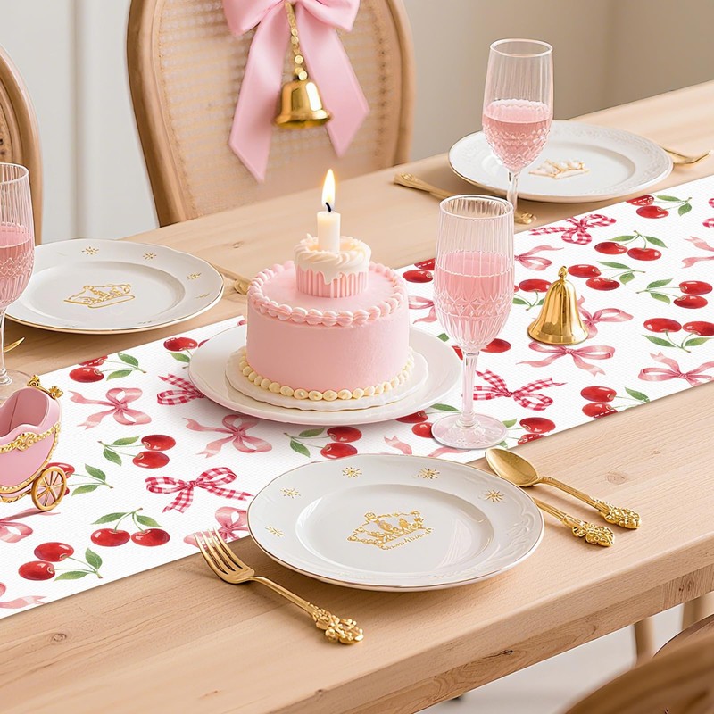 Cherry Pattern Table Runner, Red White Design with Bows, Seasonal