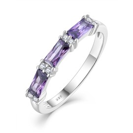 PYNZY Stackable Rings 925 Sterling Silver Ring for Women, Eternity Ring Band with Square Created Amethyst Birthstone Jewelry-8
