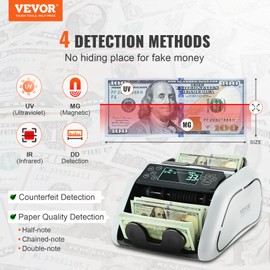 VEVOR Money Counter Machine, Bill Counter with UV/MG/IR/DD/DBL/HLF/CHN Counterfeit Detection, Counting/Value Count/Add/Batch Modes, USD/EUR Money Counting Machine with LCD Display for Small Business