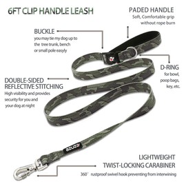 azuza Reflective Dog Collar and Leash Set, Green Camo Padded Collar with Matching Clip Handle Leash for Large Dogs