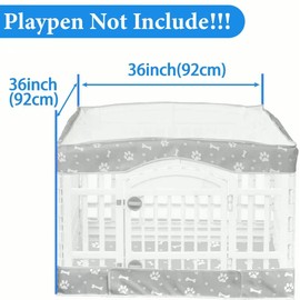 Dog Playpen Bottom Pad and Mesh Top Cover fit 36" x 36“ Puppy Playpen(Fence NOT Included),Reusable for Pet Training,Dog Crate,Waterproof Pet Pee Pads,Whelping,Puppies/Small Dogs,Hoop&Loop Design,Gray