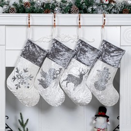 JEKOSEN Christmas Stockings Set of 4 Rustic Household Traditional Hanging Xmas Stockings for Christmas Fireplace Decorations Socks with Christmas Element Pattern