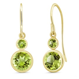 Gem Stone King 14K Yellow Gold Green Peridot Drop Dangle Earrings For Women (2.04 Cttw, Gemstone August Birthstone, Round 6MM and 3MM)