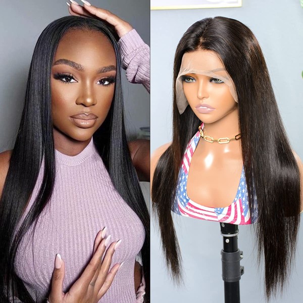 Ghair Real Hair Wig, Straight Lace Front Wigs, 13 x 4 (33x10 cm), Human Hair Wig, 100% Brazilian Real Hair, 180% Density, Women's Pre-Plucked with Baby Hair, Glueless Wigs, Natural Black Colour,