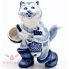 Gzhel Hand painted Porcelain Figurine of fisherman cat with a