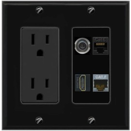 Wall Plate City 3.5mm CAT6 CAT7 HD Port Wall Plate Black w Power Outlet