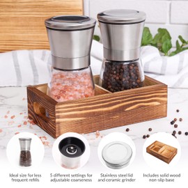 Salt and Pepper Grinder Set with Wood Tray, Manual Sea Salt, Spice and Peppercorn Mill, Glass Container, Stainless Steel Cap, Adjustable Coarseness and Refillable for Modern Farmhouse Kitchen Table