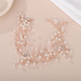 Aimimier Bridal Hair Vine Faux Pearl and Crystal Headband Extro Long Crystal Hair Band for Bride Prom Party Festival Hair Jewelry for Women (Rose gold)