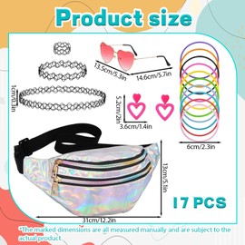 YEWCEP Pack of 17 90s Accessories, 90s Outfit Women, Festival Party Outfit Lady, Silver Pockets, Pink Heart Glasses, Tattoo Necklaces, Bracelets and Earrings, Suitable for Girls