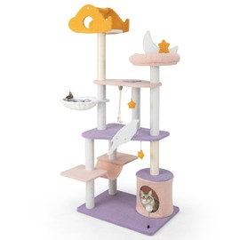 PETSITE Star and Moon-Themed Cat Tree Tower, Multi-Level Modern Cat Tower with Sisal Scratching Posts, Cat Condo, Side Hammock, Hanging Dangling Toys, Cute Cat Tree for Indoor Cats (66 Inch Tall)