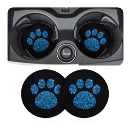 CGEAMDY 2 Pack Car Cup Holder Coasters, 7 CM Bling Glitter Rhinestone Paw Print Cup Coaster, Rubber Non-Slip Insert Auto Drink Mat, Universal Car Interior Accessories for SUV, Truck, RV (Blue)