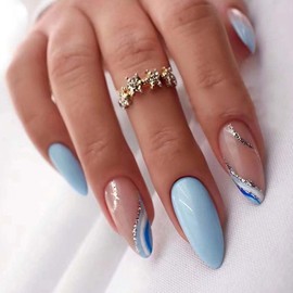 Blue Press on Nails Short Almond Fake Nails Pink False Nails Press ons with Design Silver Glitter Swirl Wave Glossy Full Cover Glue on Nails Cute Artificial Stick on Nails for Women Manicure 24Pcs