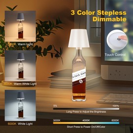 SOUDFK Wireless Bottle Lamp,2025 New 3 Color Rechargeable Wine Bottle Lights for Bars Restaurants (White, 1pc)