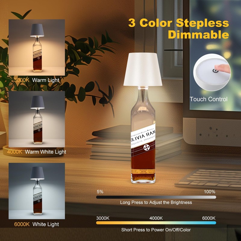 SOUDFK Wireless Bottle Lamp,2025 New 3 Color Rechargeable Wine Bottle