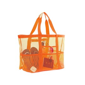 CCAIPU Large Mesh Beach Bag, Mesh Bag for Sand Toys, Foldable Handbags, Storage Bag with Pockets and Zip, for Beach, Holiday, Travel, Shopping (Orange)
