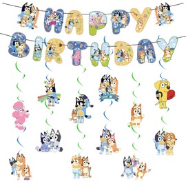 bly 14 Pieces Bluey Birthday Decoration, Bunting Garland and Hanging Decoration, Happy Birthday Banner Decorations, Good Birthday Banner Decorations, Bluey Theme for Children's Birthday Party