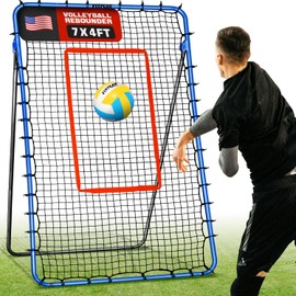 FITPLAY 7x4FT Volleyball Rebounder Net, 5-Angle Adjustable Volleyball Bounce Back Training Equipment with Steel Frame & PE Net for Volleying,Spiking,Bumping,Includes Ground Stakes & Carry Bag