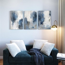 Zessonic Abstract Navy Blue Grey Framed Canvas Wall Art - Modern Minimalist Paintings Brush Stroke Artwork for Home Decor, Living Room Bedroom Office - 16x24 Inch Set of 3