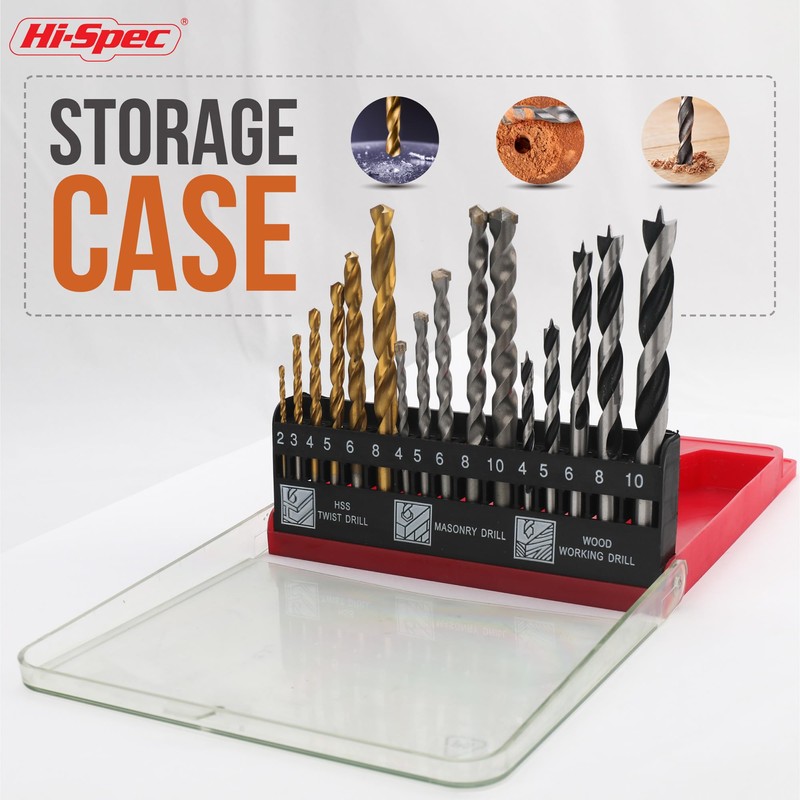Hi-Spec 16pc Compact Multi Steel Drill Bit Box Case Set.