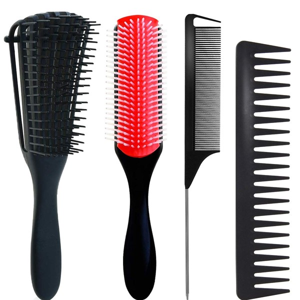 4 Pcs Detangling Brush Set, 9-Row Cushion Nylon Bristle Shampoo Brush, Rattail Comb Wide Tooth Comb Detangler Hair Comb for African Hair Textured Kinky Wavy Curly Wet Dry Oil Thick Hair.