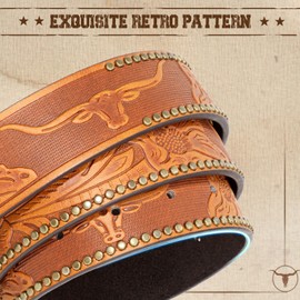 WHIPPY Western Belts for Men without Buckle Cowboy Belt Western Leather Belt Strap for Men Women Vintage Belt for Jeans, Brown, M
