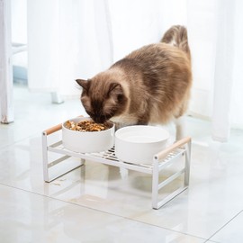 CEEFU Upgraded Elevated Cat Bowls, Adjustable Raised Cat Dishes Stand with 2 Ceramic Bowls for Cats and Dogs, 20 oz Each