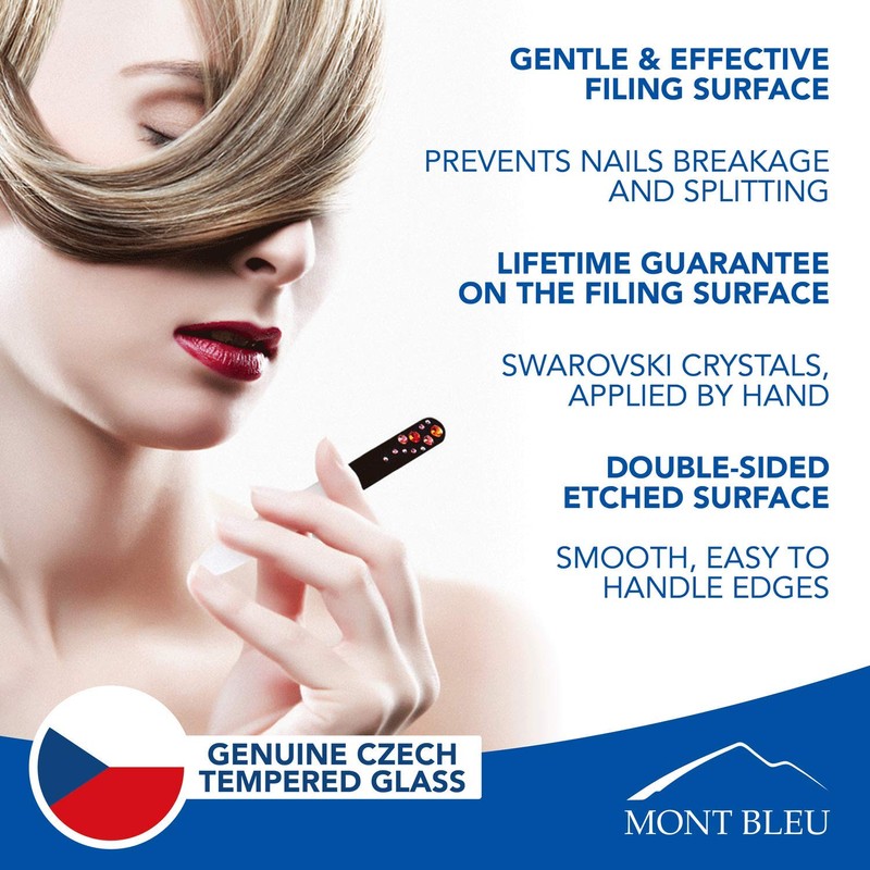 スワロブスキーの装飾を施したガラス製ネイルファイル2つセット、ブラックのベルベットケース付き、本物のチェコ製強化ガラス、ハンドメイドのクリスタルネイルファイル