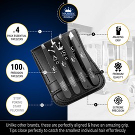 Tweezers Set 4-piece-Stainless Steel Slant Tip + Sharp Pointed Eyebrow Tweezer Set-Precision Facial Hair Removal ,Eyebrow Hair,Splinter,Blackhead,Ingrown Hair/Tick Remover-Ends Meet Perfect
