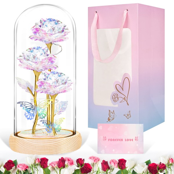 LinjunFa Eternal Rose,Mothers Day Rose Gifts for Mum-Forever Roses in Glass Dome,Beauty and The Beast Rose with LED Light,Sparkly Galaxy Roses Gift for Women,Artificial Everlasting Rose Gift for Women