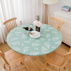 Round Vinyl Fitted Tablecloth with Flannel Backing Elastic Table Cloth Waterproof Oil-Proof Plastic Table Cover (Green Leaves, Small Round Fits Table up 40"-44" Diameter)