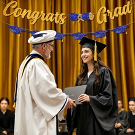 Blue and Gold 2025 Graduation Decorations, Glitter Congrats Grad Banner Class of 2025 Garland with Hat and 2pcs Graduation Tablecloths for College High School Graduate Prom Party Supplies