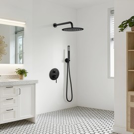 gotonovo Shower System 10 Inch Round Rainfall Showerhead Wall Mounted High Pressure Shower Faucet Set Fixture Combo with Rough in Valve and Cylindrical Handheld Spray, Matte Black