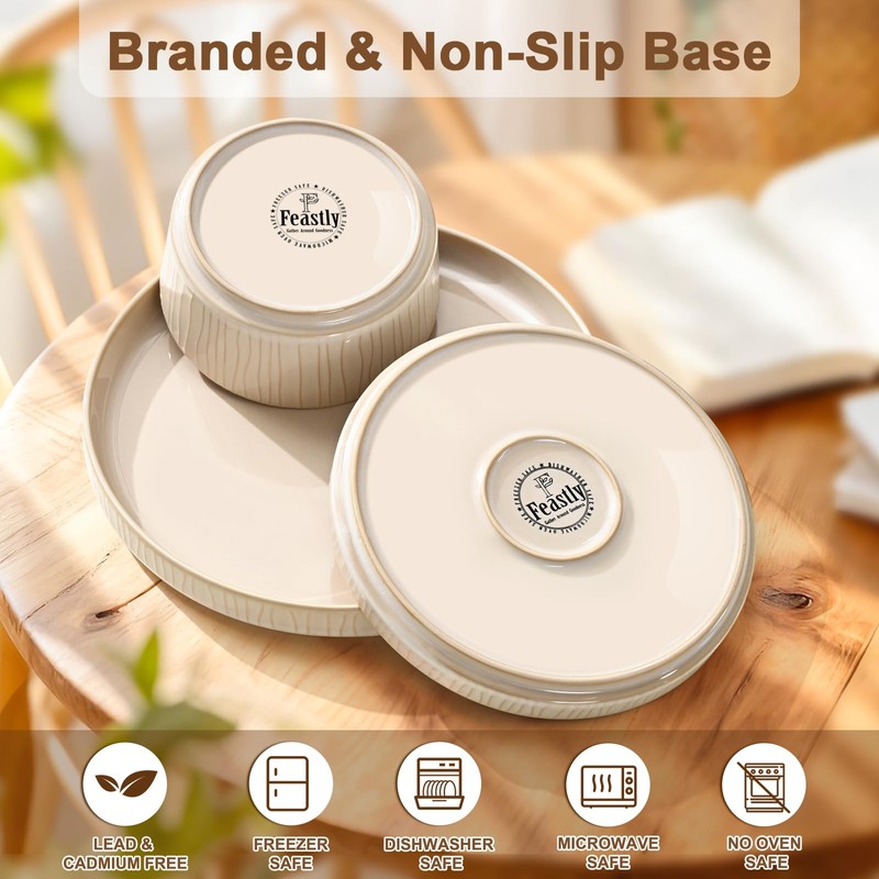 Feastly Stoneware Dinnerware Sets for 4, 12 Pcs Ribbed Reactive