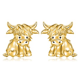 Highland Cow Earrings 925 Sterling Silver Cute Animal Stud Earrings Hypoallergenic Scottish Highland Cow Jewelry Gifts for Women (Gold)