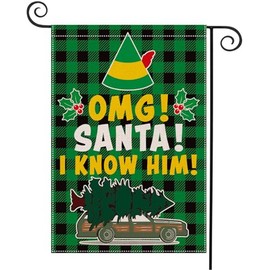 OMG Santa I Know Him Garden Flag for The Elf Christmas Decorations, Burlap Double Sided Funny Christmas Outdoor Yard Flags, Christmas Santa Holiday Vacation Novelty Decorations, 12.5 x 18 Inches