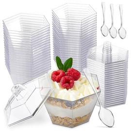 Oasis Creations Hexagonal Mini Bowl-Lids & Spoons Included- 3.3 ounce -40 Count -Clear Plastic - Six Sided - Flower Cup-Dessert Cup- Serving -Snack Bowl-Disposable or Reusable