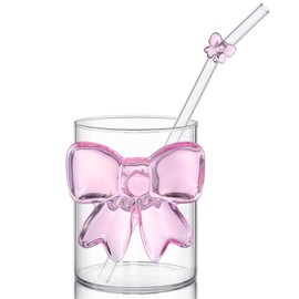 Singhoow 1 Set Pink Bow Glass with Straw 10 oz Bow Juice Glass Cup Aesthetic Cup with Straw Kit Cute Iced Drinking Tumbler for Coquette Party Wedding Engagement Favor Gift Women Friends