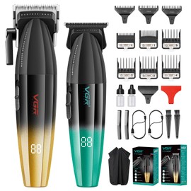 VGR Professional Hair Clipper and Trimmer Set for Men, Barber Clipper and Zero Gap T-Blade Trimmer Kit, Cordless USB Rechargeable Hair Cutting Kit with 9 Guide Combs, Ceramic Blade, LED Display