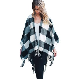 Daisy Del Sol Buffalo Plaid Knit Soft Wool Feel Checkered Wrap Oversized Blanket Sweater Poncho (Ivory/Black)