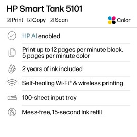 HP Smart Tank 5101 Wireless All-in-One Ink Tank Printer with up to 2 years of ink included (1F3Y0A)