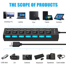 Multi Port Splitter, 7 Port USB 2.0 Hub, USB A Port Data Hub with Independent On/Off Switch and LED Indicators, Lights for Laptop, PC, Computer, Mobile HDD, Flash Drive and More (Black 2.0)