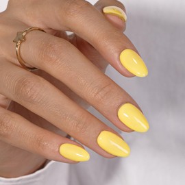 KQueenest Bright Yellow Press On Nails Short Oval - Acrylic Press On Nails with Glue, Almond Short Fake Nails Press ons, Glossy Opaque Lemon Color, Reusable Soft Gel Glue on Nails for Women, 24 Pcs