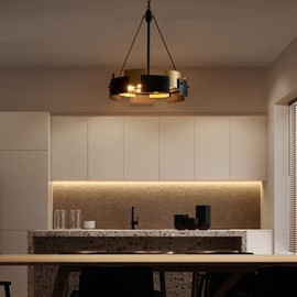 XINGQI Modern Black and Gold Chandelier Office Drum 6 Lights 19.7" Round Pendant Lighting Fixture for Dining Room Living Room Kitchen Island