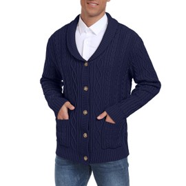Hisir Men's Cardigan Shawl Collar Cable Knitted V-Neck Cardigans Men's Long Sleeve Winter Casual Buttons with Pockets, navy