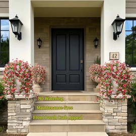 Craevo Outdoor Artificial Mums for Porch & Window Boxes, UV-Resistant — 30in Cascading Vines, 4 Bundles, 276 Blooms for Balcony & Railings(Fuchsia Rose & Blush Pink)