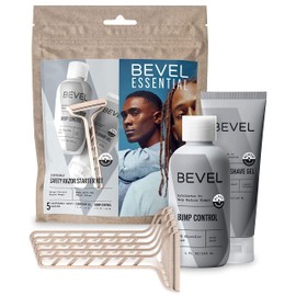 Bevel Essentials Disposable Safety Razor Shaving Starter Kit for Men, Includes 5 Stainless Steel Double Sided Safety Razors, Clear Shave Gel, and Post Shave Bump Control Cream, Travel Essentials