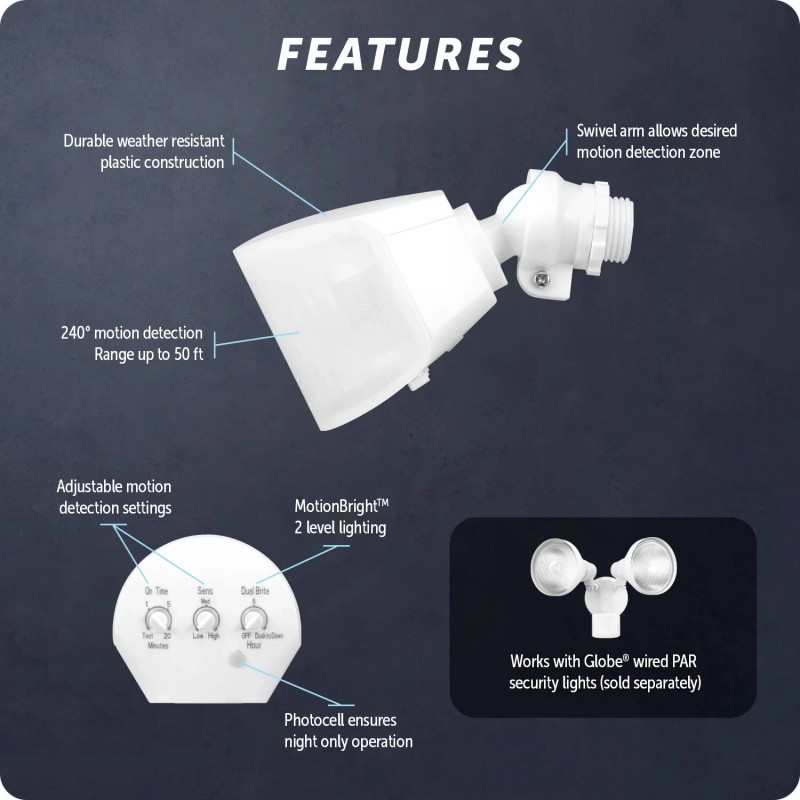 Globe 17000223 240-Degree Wired Motion Activated White Outdoor Flood Light