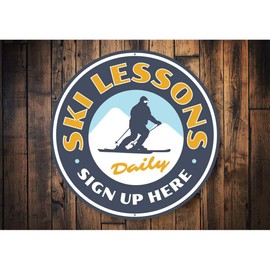Ski Lessons Daily Ski Lodge Ski Lessons Sign-up Sign, Skiing Aluminum Sign - 12-inch Circle
